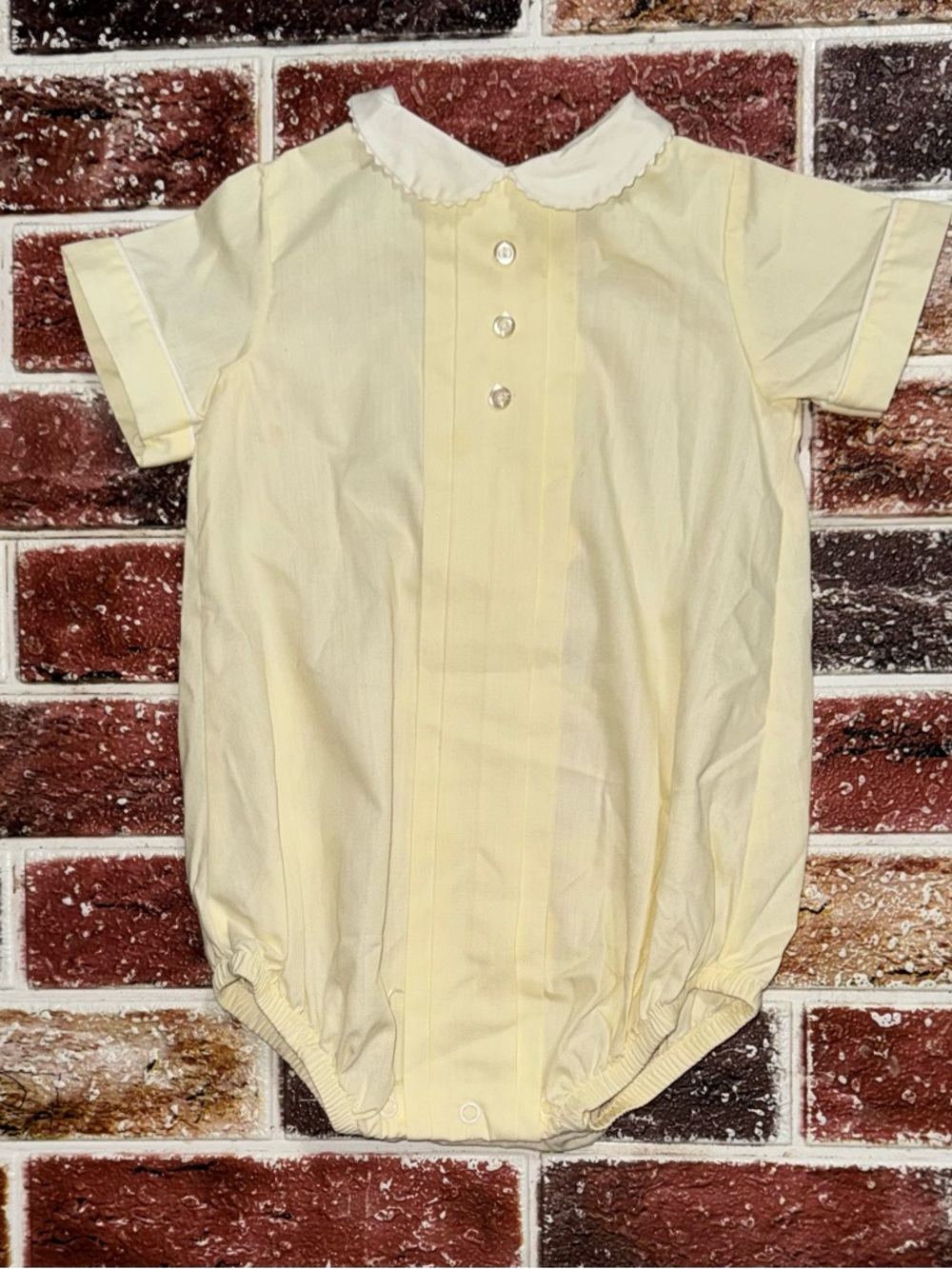 Vintage Peaches ‘n Cream Yellow Heirloom bubble romper 6-9m 17” sts baby boys